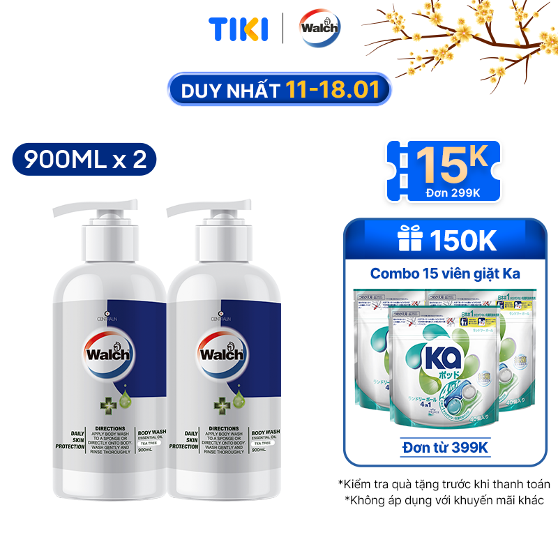 Combo 2 sữa tắm tinh dầu Walch tiêu diệt vi khuẩn, dưỡng ẩm mềm mịn, tái tạo làn da (900mlx2)