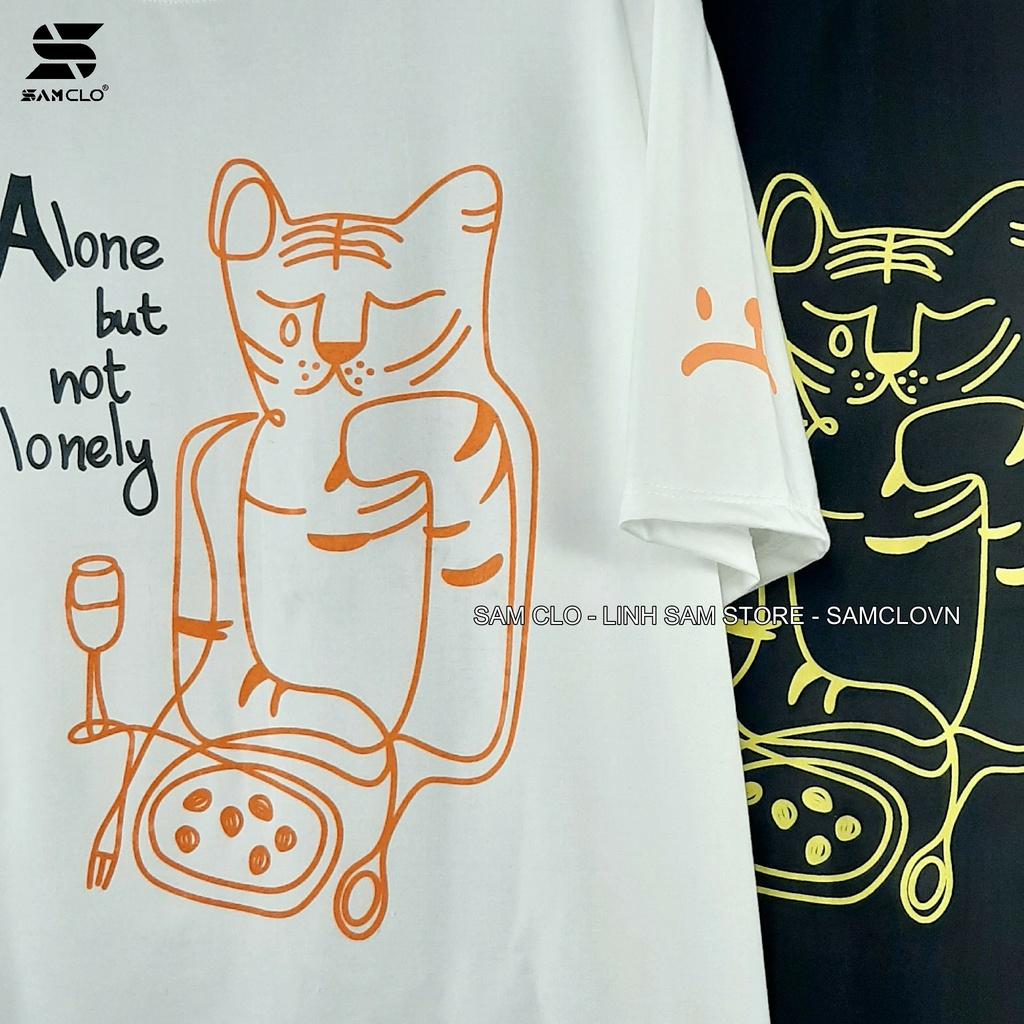 Áo phông nữ tay lỡ thun form rộng SAM CLO freesize dáng Unisex mặc cặp, nhóm, lớp in con mèo chữ ALONE BUT NOT LONELY