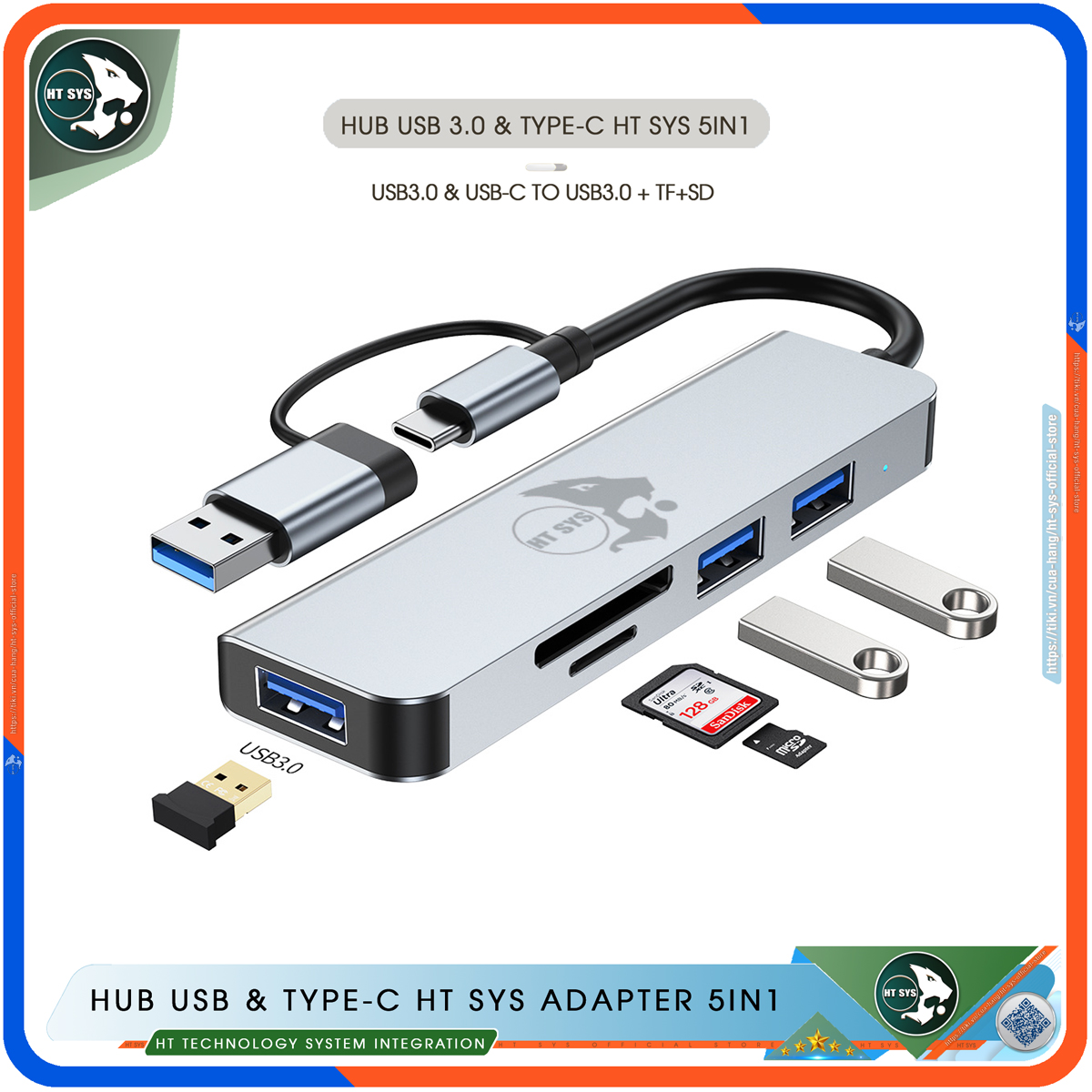 Hub Type C Và Hub USB HT SYS 5 in 1 To USB 3.0, SD, TF - Hàng Chính Hãng