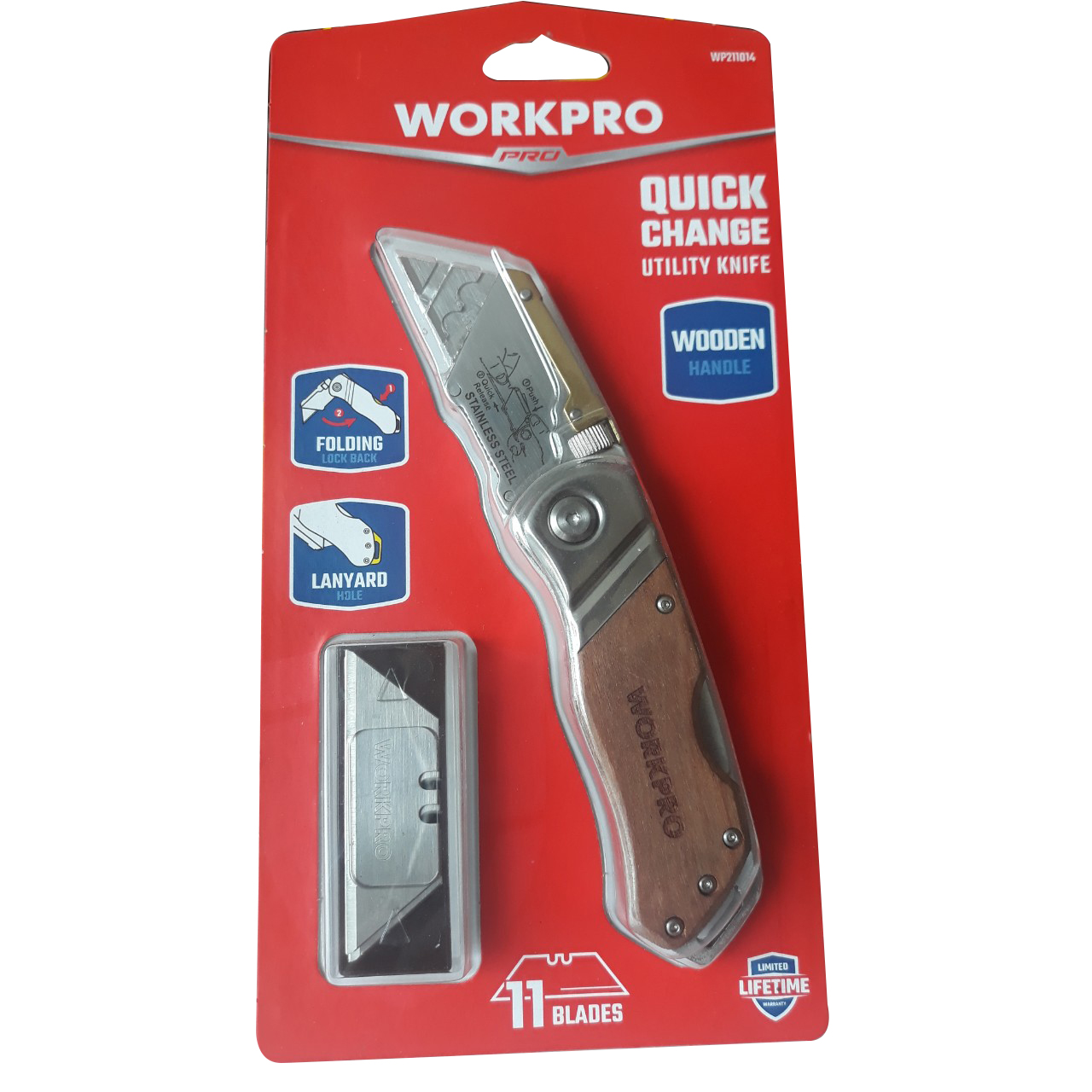 Dao gấp tiện ích có lưỡi cắt, cán cầm bằng gỗ Workpro WP211014