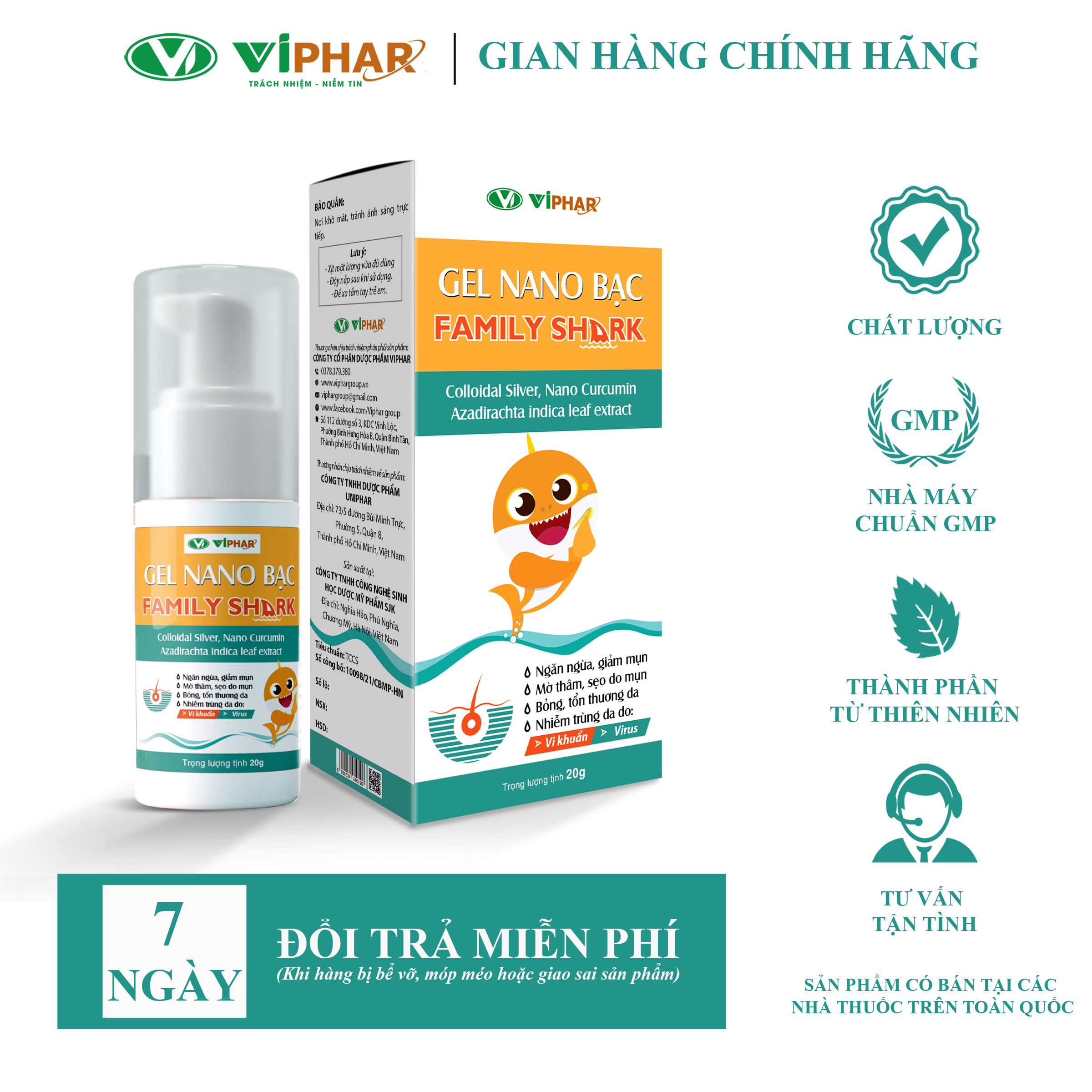 Gel Bôi Ngăn Ngừa Mụn, Giảm Thâm Sẹo Do Mụn, Viêm Da, Chốc Lở, Bỏng Da Gel Nano Bạc Family Shark VIPHAR Tuýp 20g