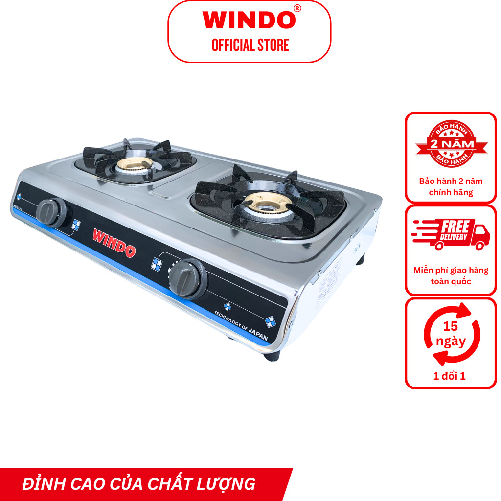 Bếp Gas Đôi WINDO - 618 Điếu Gang Đơn Mặt Inox -Bếp gas đôi 6 tấc điếu gang - Tiết kiệm gas- Hàng chính hãng