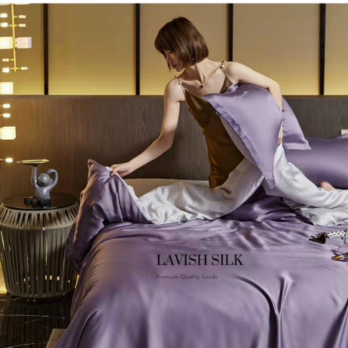 Trọn Bộ Ga Gối Lụa Kèm Chăn Sẵn Ruột + Tặng Bộ Quà Tặng Lavish Silk Cao Cấp - Tím Mix Bạc Kim