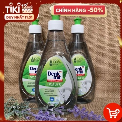 Nước rửa bát Denkmit 500ml hương thiên nhiên chứa chât béo hòa tan dầu mỡ cứng đầu, pH trung tính bảo vệ da tay.