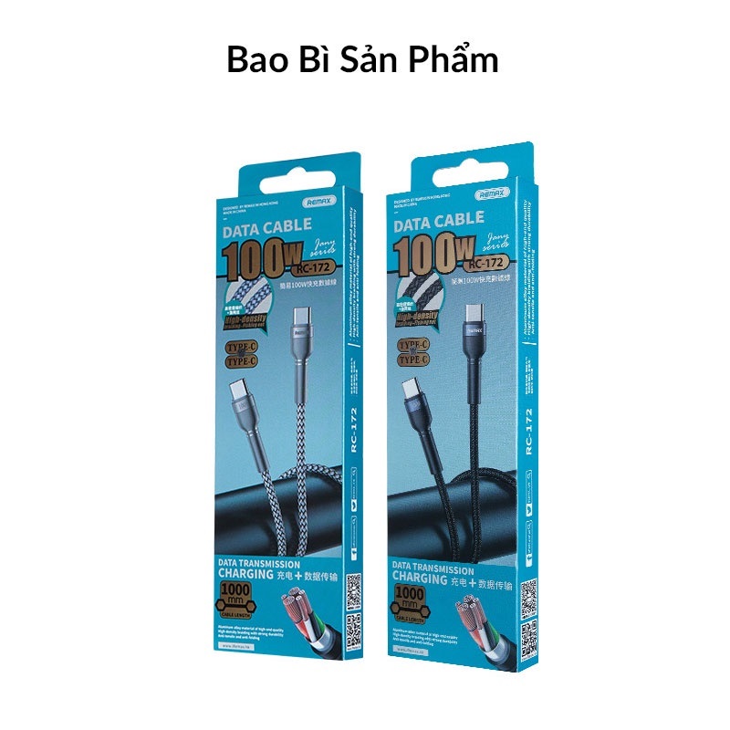 Cáp sạc nhanh 100W REMAX RC-172 Type C to Type C bọc dù siêu bền, tự chỉnh dòng, dài 1m - Hàng chính hãng