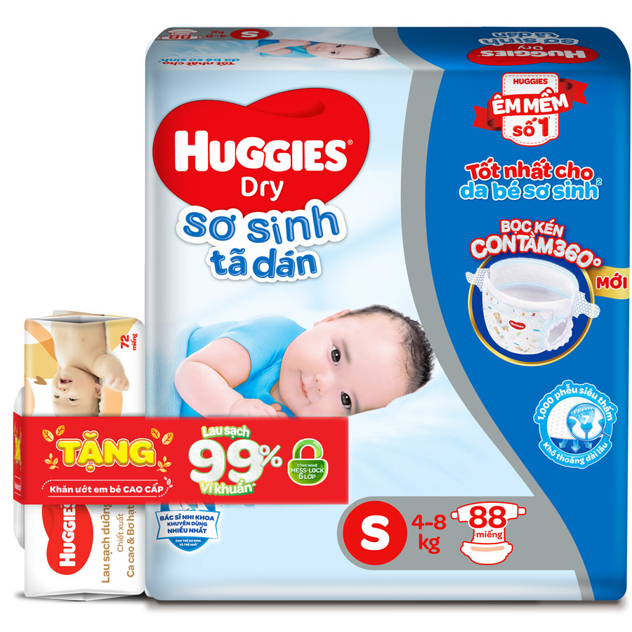 Tã Dán Sơ Sinh Huggies S88 (88 Miếng) - Tặng Gói Khăn ướt 72 miếng