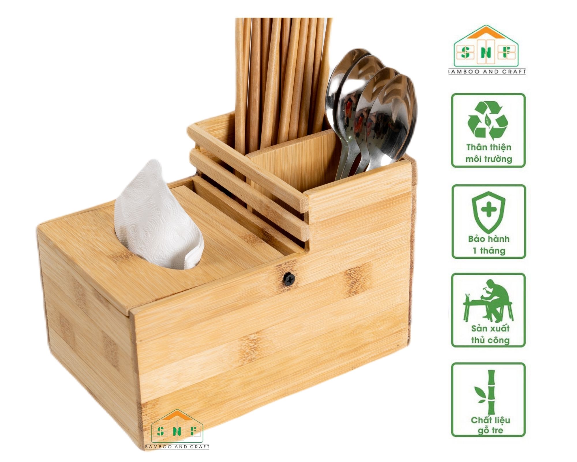 Khay Đa Năng Bằng Gỗ Tre Cao Cấp Đựng Đũa, Muỗng, Giấy Ăn, Gia Vị- SNF Bamboo and Craft