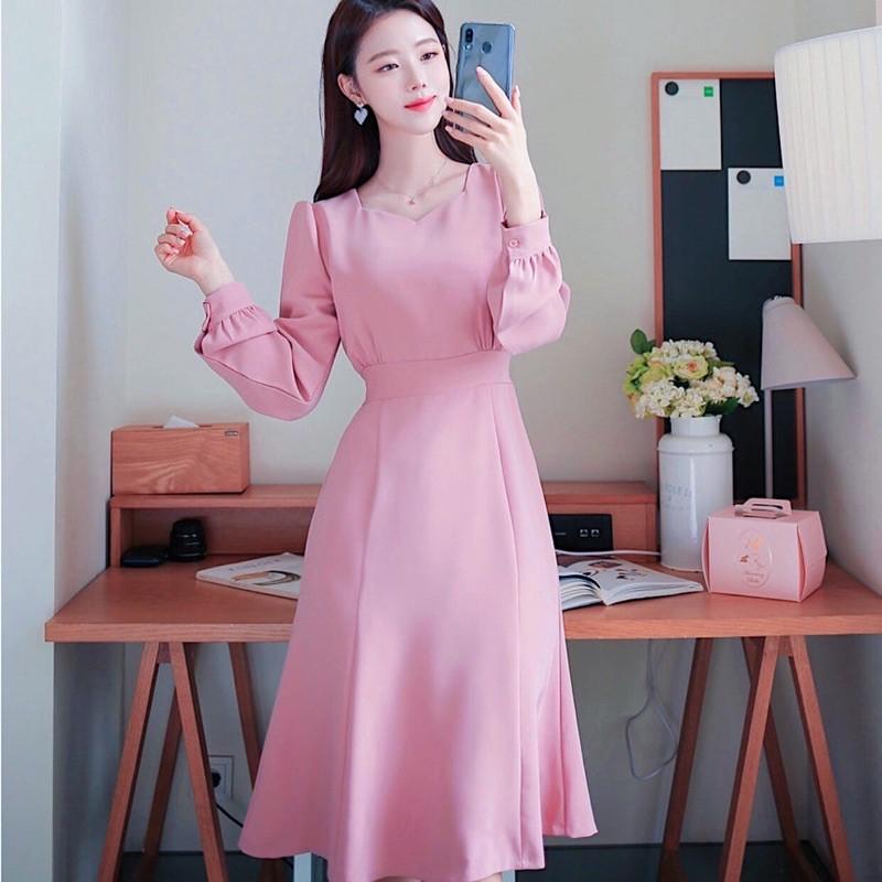 Đầm váy hồng cổ V thắt nơ