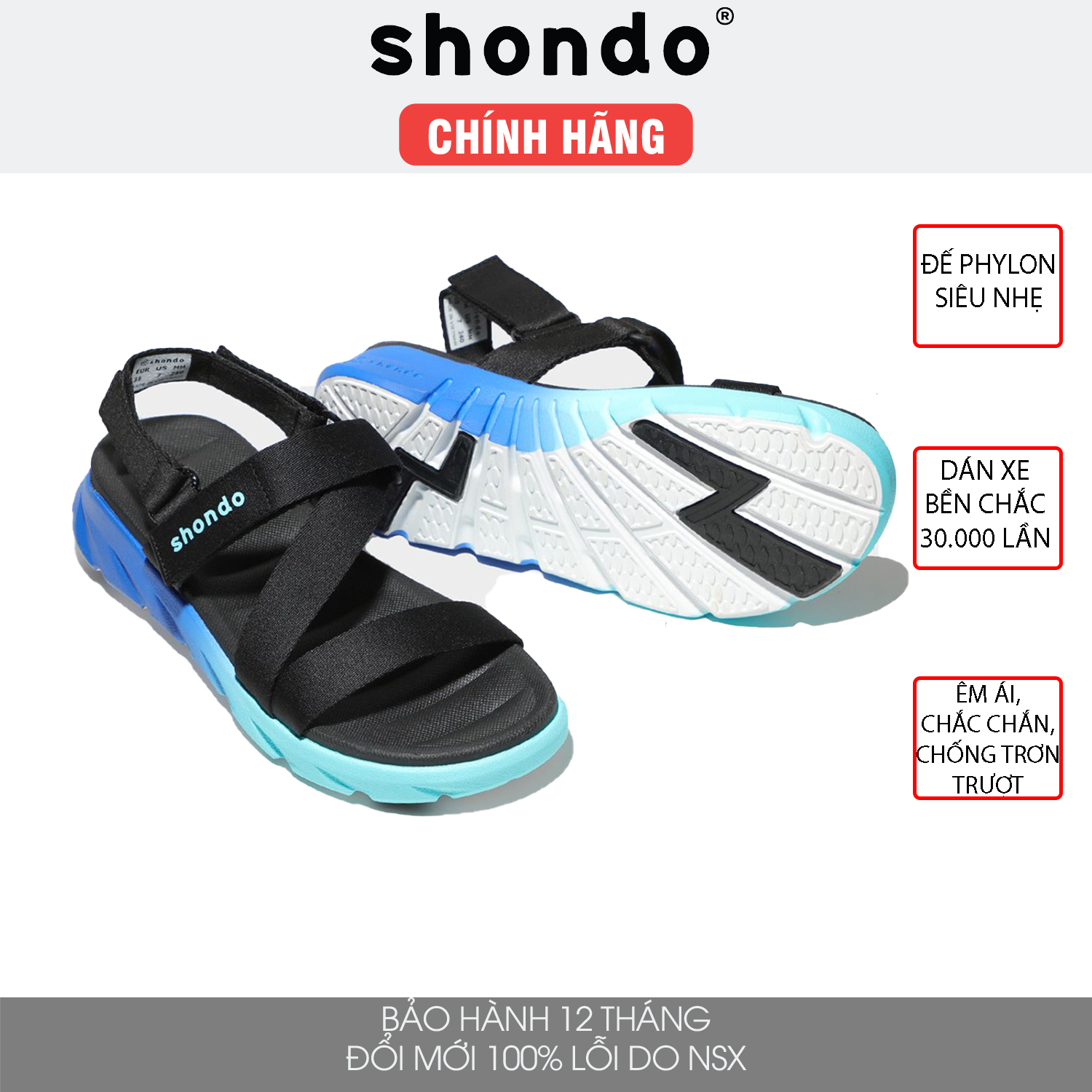 Giày sandal Shondo nam nữ đi học đế bằng ombre đế 2 màu xanh dương xanh nhạt quai đen F6S3310