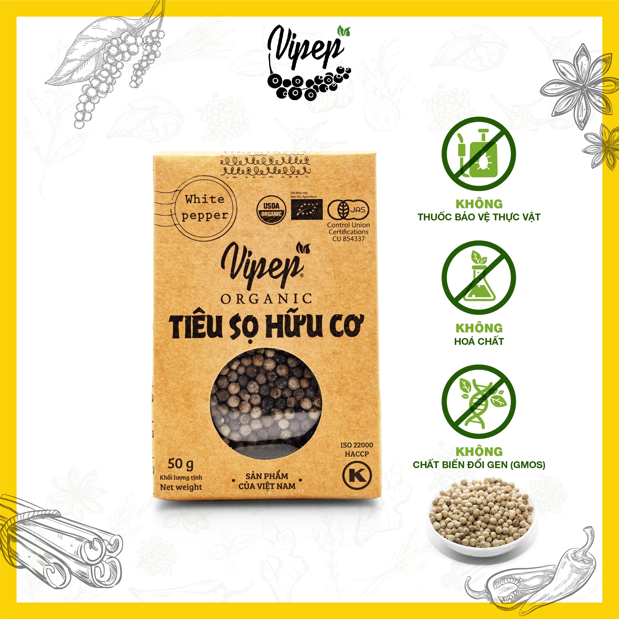 Tiêu Sọ Hạt Farmers' Organic Vipep Túi Giấy 50g