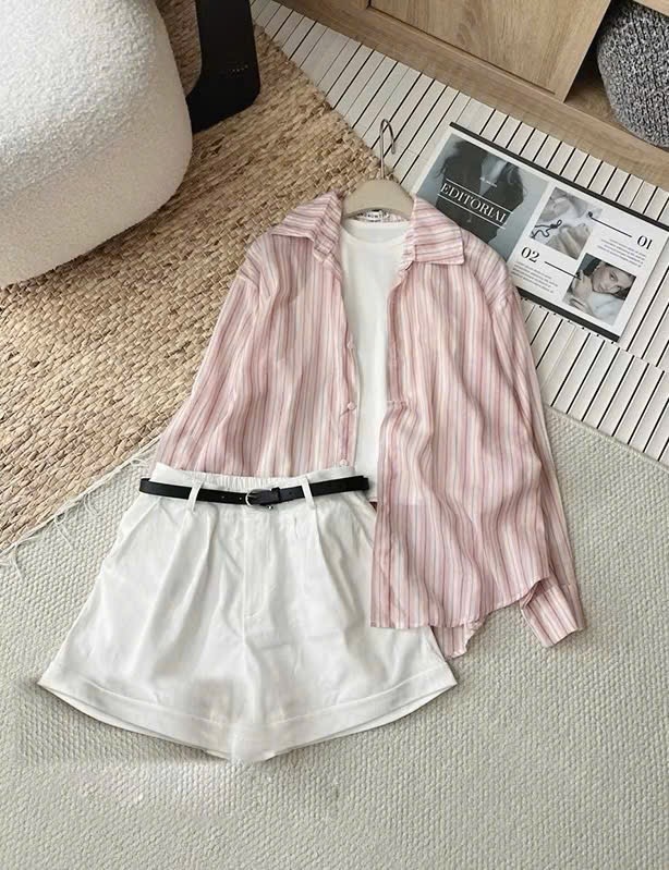 Set 3 Món Áo Ba Lỗ Mix Quần Short Trắng Mix Áo Sơ Mi Sọc Dáng Rộng Kèm Dây Lưng