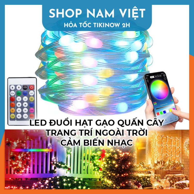 Led Đuổi Hạt Gạo RGB Quấn Cây Trang Trí Ngoài Trời Cảm Nhạc, Điều Khiển APP + Remote