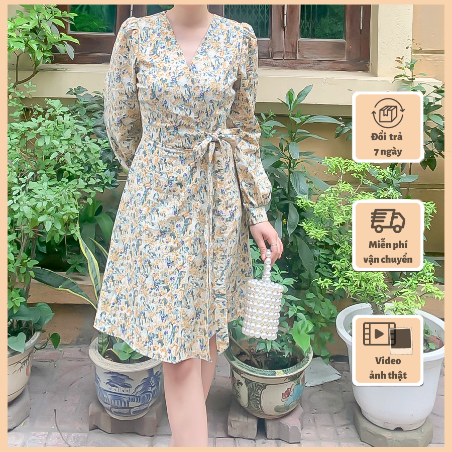 Váy đầm hoa nhí V02 cổ chữ V Hàn Quốc dáng dài tay, ngọt ngào, nữ tính