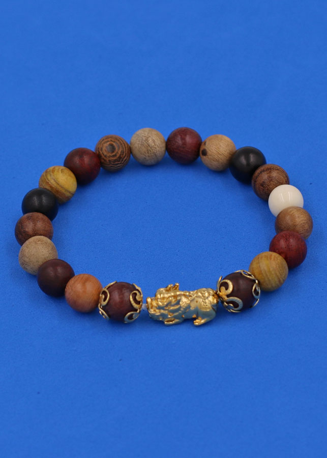 Chuỗi đeo tay Gỗ Đàn Hương 8 màu 8 ly - cẩn Tỳ Hưu Phong Thủy inox vàng VGDHMTHHKV8