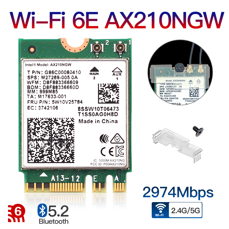 WiFi 6E Intel AX210 M.2 Card Desktop Kit 3000Mbps 2.4G/5G/6Ghz Bluetooth 5.2 802.11AX Wireless Network Adapter Antenna Windows10