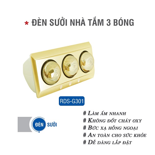 Đèn sưởi nhà tắm hồng ngoại chính hãng Roman - Đèn sưởi 3 bóng an toàn tốt cho sức khỏe dễ dàng lắp đặt RDS-G301