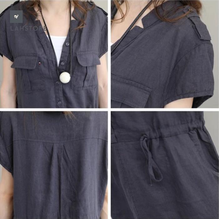 Đầm suông linen nữ cổ V túi hộp dây thắt eo LAHSTORE