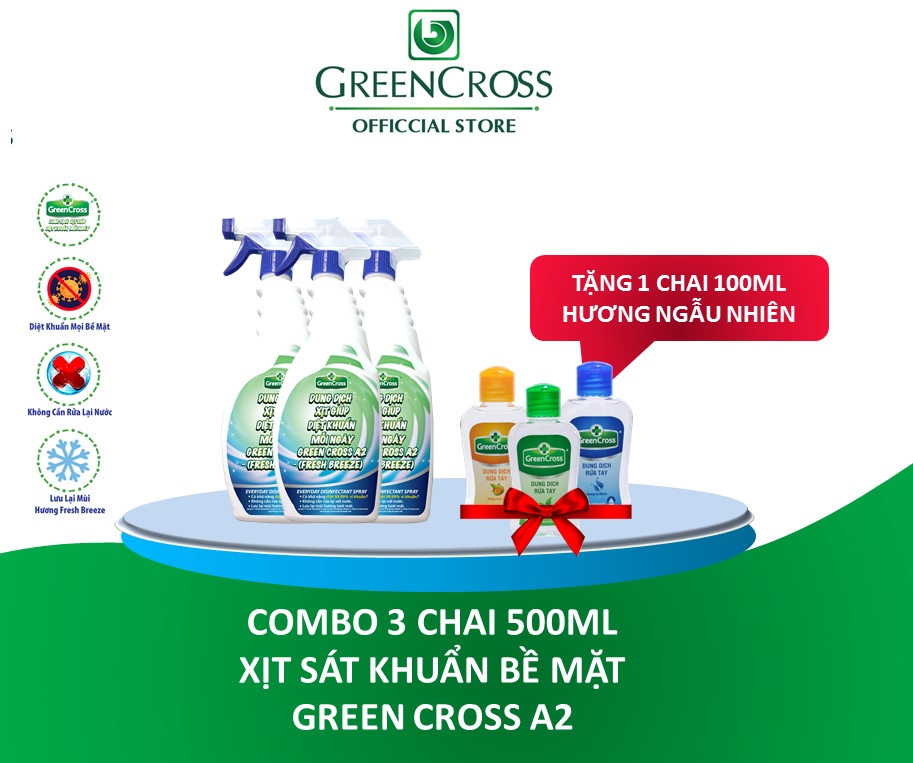 COMBO 3 CHAI 500ML XỊT KHUẨN BỀ MẶT GREEN CROSS A2 - Tặng thêm 1 chai rửa tay kháng khuẩn 100ml