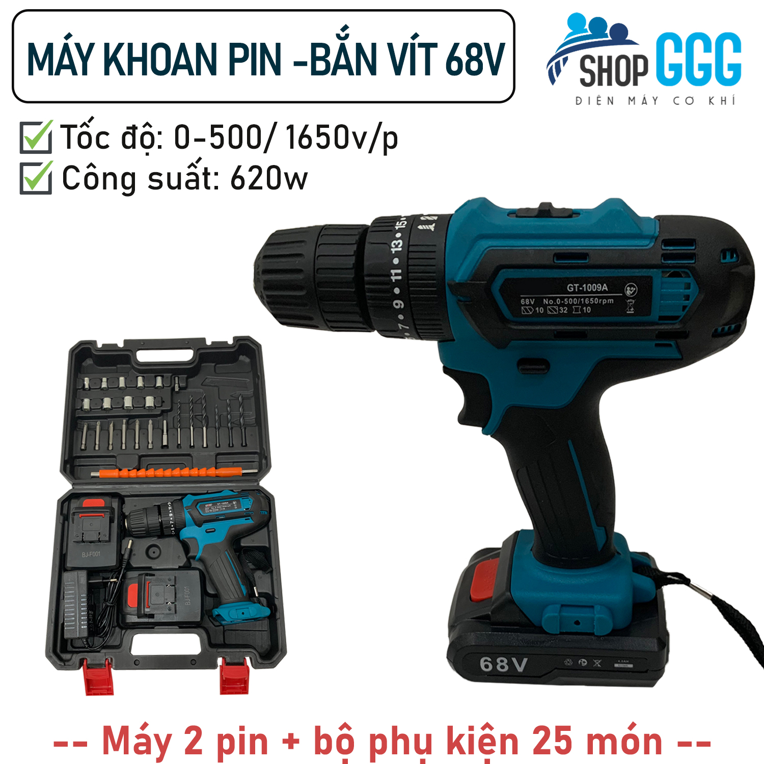 Máy khoan pin 68v công suất khỏe - Trang bị 3 chế độ: khoan, khoan búa, búa - 21 cấp trượt - đèn led siêu sáng - Bộ phụ kiện 2 pin kèm 25 chi tiết - Máy khoan pin 3 chế độ, khoan búa, khoan bắn vít cầm tay