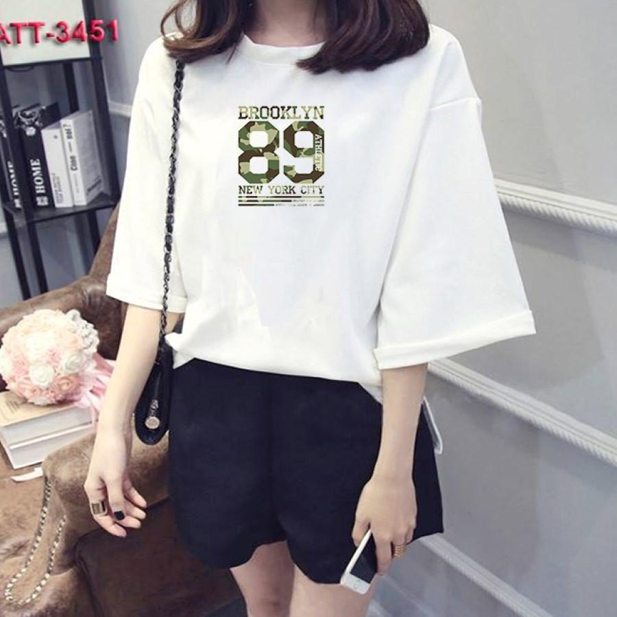 Áo thun nữ tay lỡ Hàn Quốc form rộng in hình số 89 camo vài dày mịn TEEWOTL52
