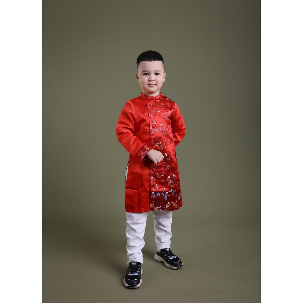 ĐỒ MẶC TẾT CHO BÉ - Áo dài gấm phối hình dài tay, khóa lưng bé trai size 1-10T, cho bạn từ 10-30kg. Chất gấm siêu đẹp