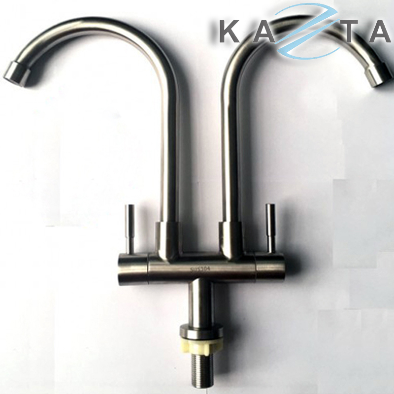 Vòi Rửa Chén Bát Lạnh KAZTA KZ-RCX2 Đôi Thân Tròn Inox Tiện Lợi 2 Vòi Liền Xả Nước 2 Chậu Cùng Lúc