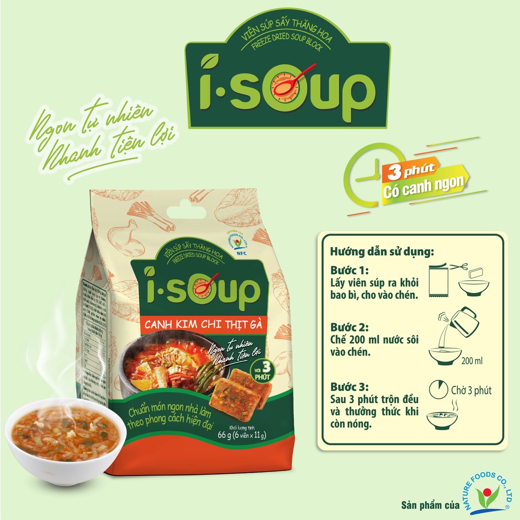 Viên Súp Sấy Thăng Hoa Canh Kim Chi Thịt Gà Ăn Liền I-Soup 66g