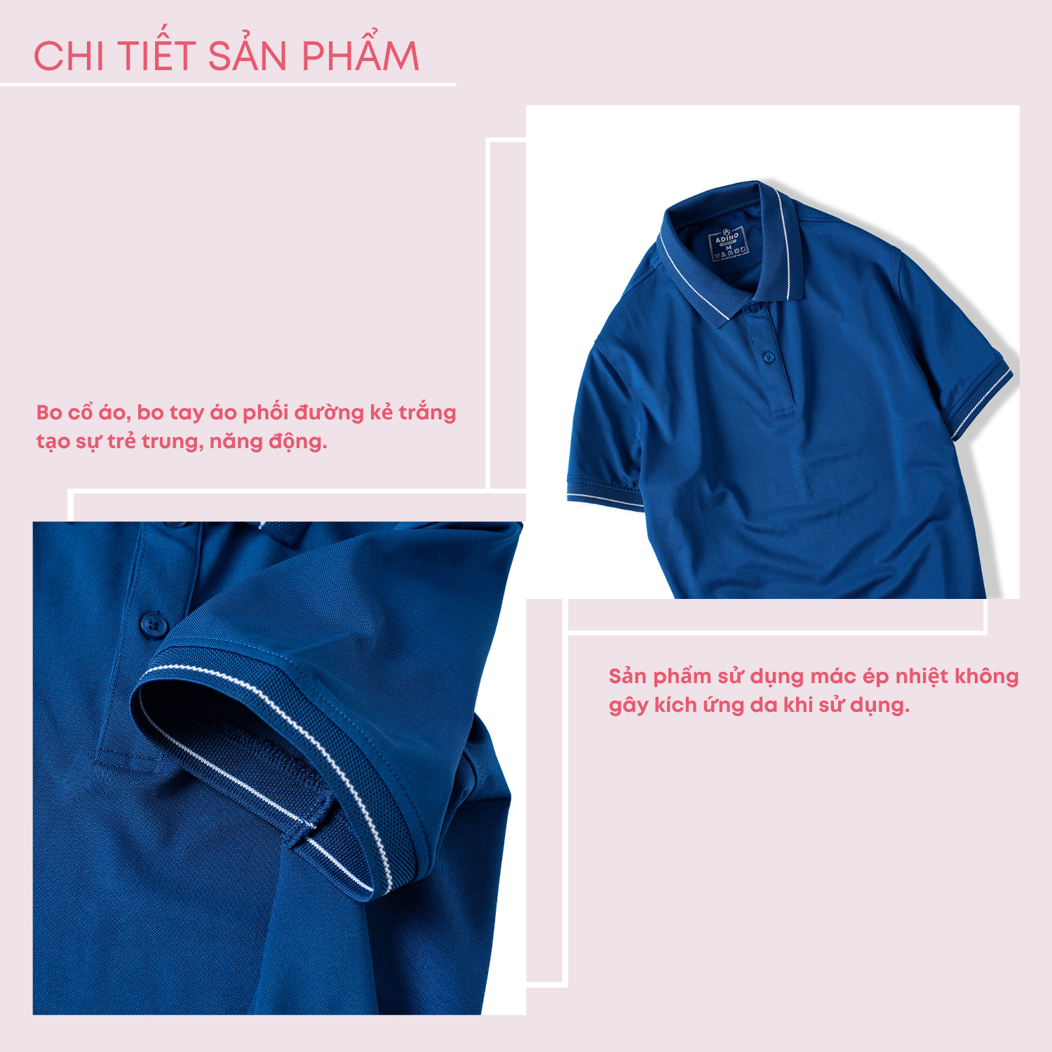 Áo thun có cổ nữ màu xanh dương phối viền ADINO vải polyester cotton không bai xù dáng slimfit công sở hơi ôm trẻ trung APN04