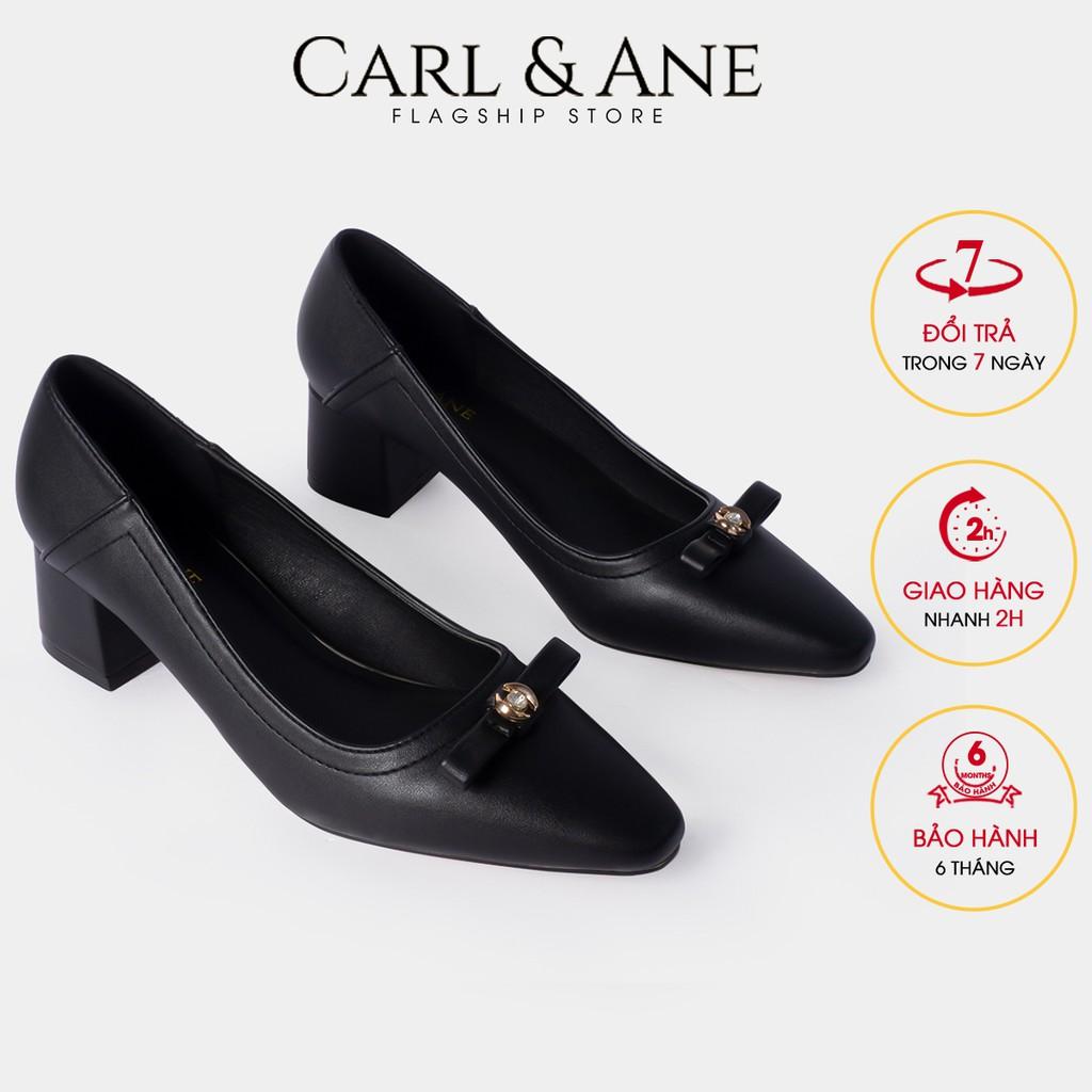 Carl &amp; Ane - Giày cao gót mũi vuông phối nơ đính đá cao 5cm màu hồng dâu