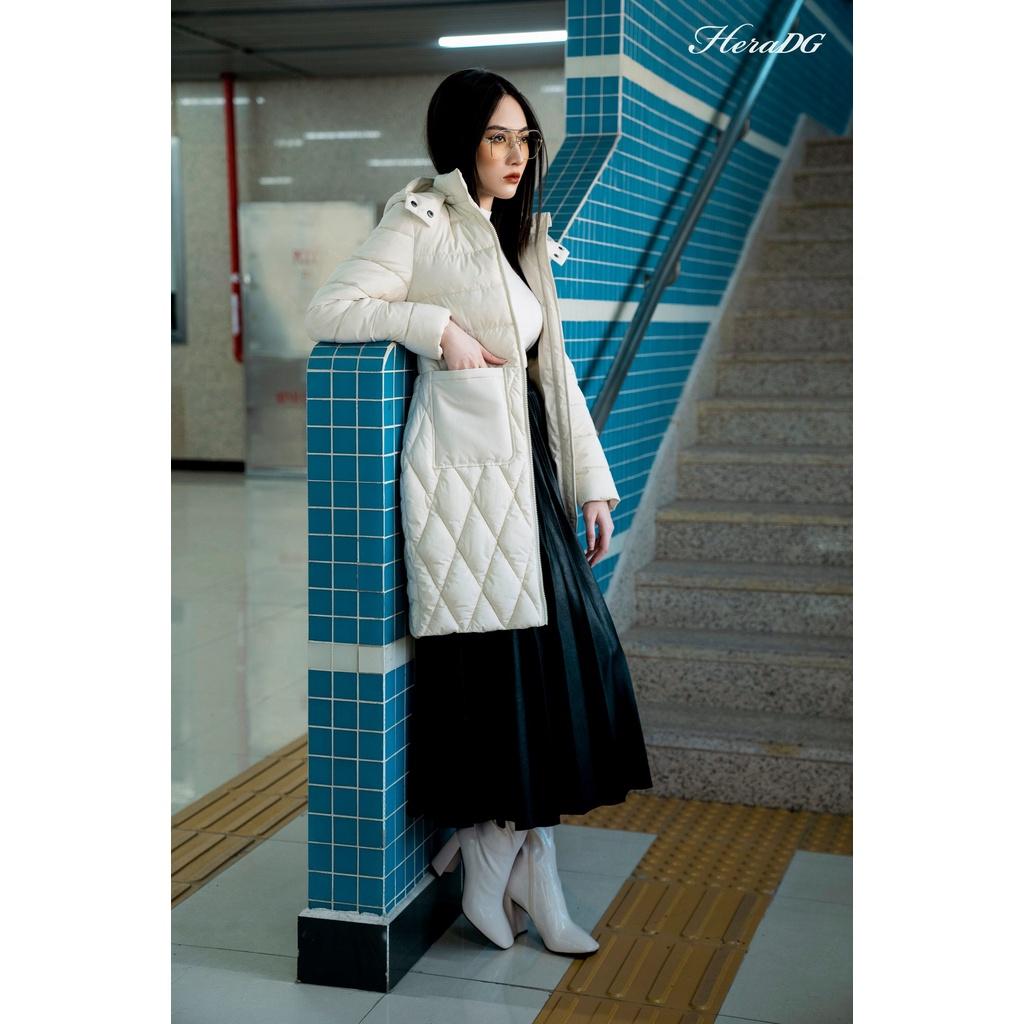 Áo Khoác Phao Nữ Dáng Dài HeraDG Túi Ốp Thân Chần Trám Kèm Mũ, Vải 3 Lớp Chống Gió Chống Nước Chống Bám Bụi WJKBA06