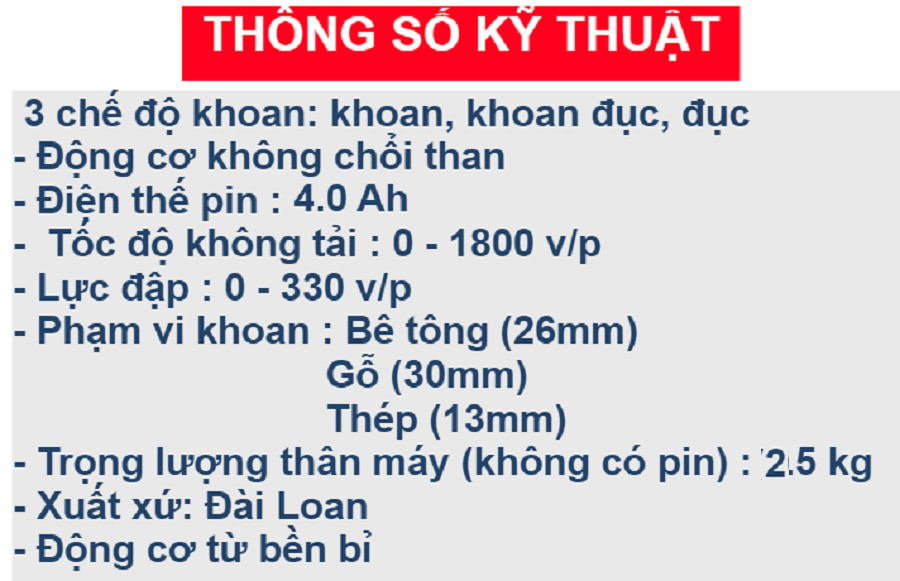 MÁY KHOAN BÊ TÔNG DÙNG PIN RAKUTEN, 100% LÕI ĐỒNG