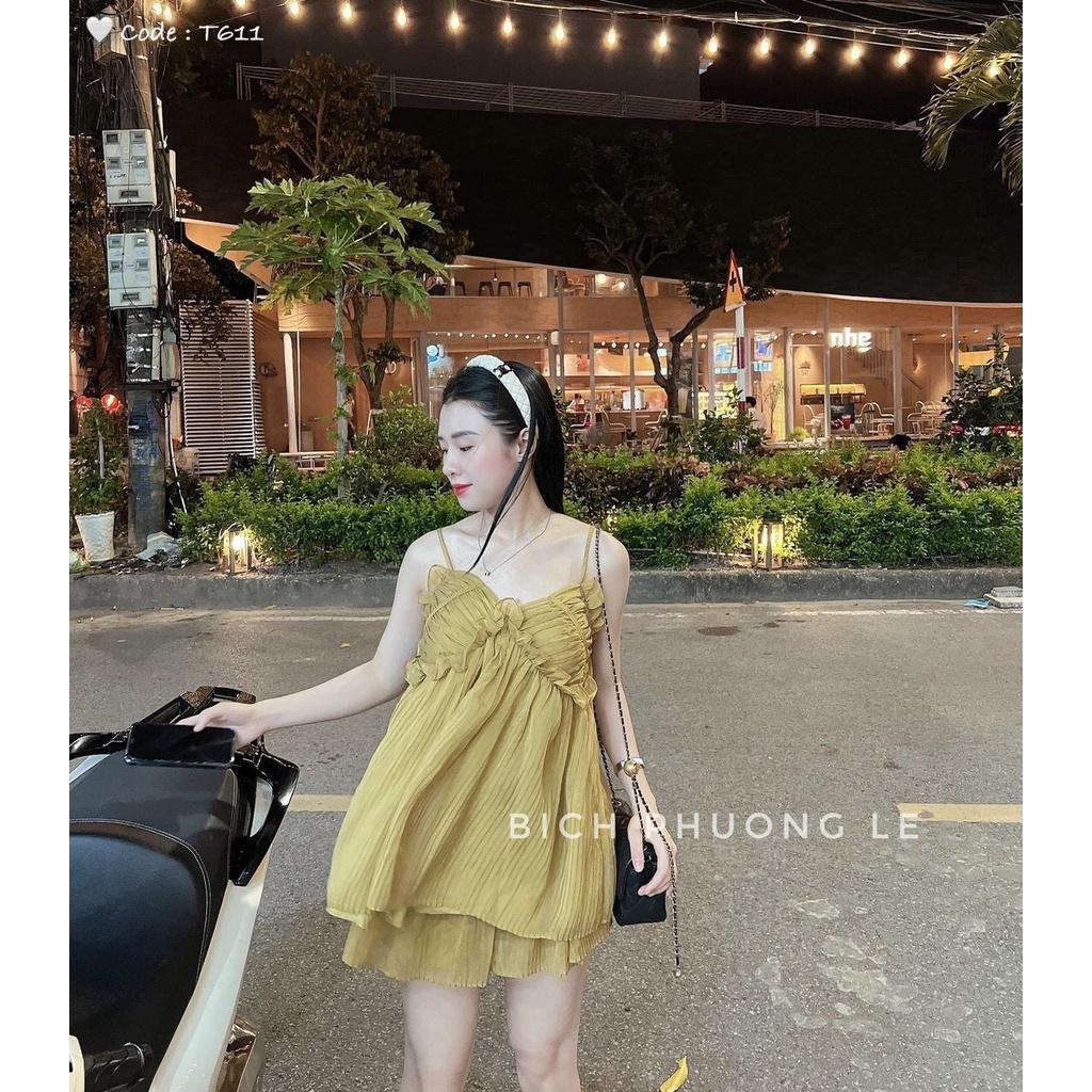 SET ĐI CHƠI, SET 2 MÓN ÁO TƠ 2S CÚP NGỰC NHÚNG XÒE PHỐI QUẦN ĐÙI CỰC XINH IU - Brown