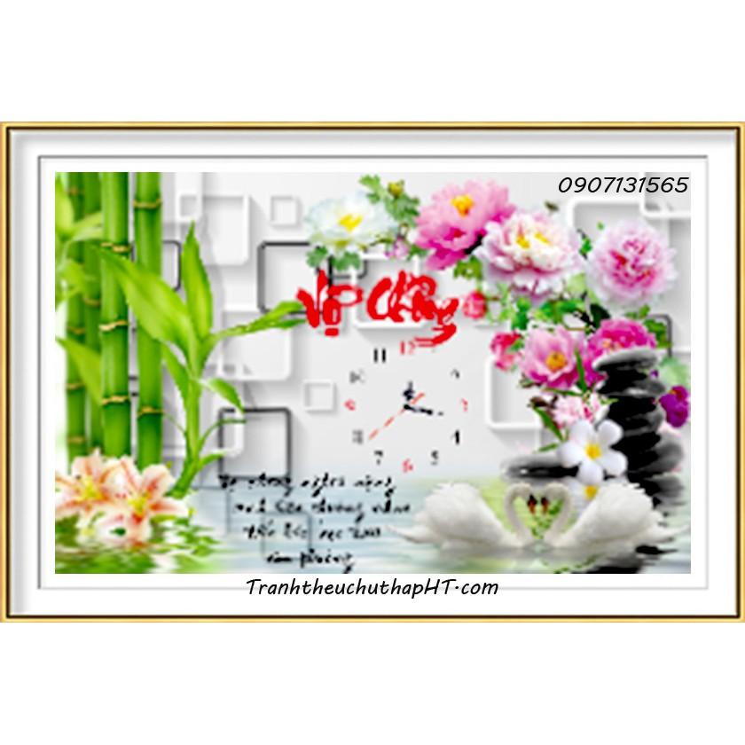 Tranh đá đồng hồ vợ chồng thiên nga mẫu đơn LV144