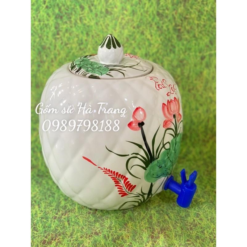 Bình nước gốm sứ Bát Tràng cao cấp men trắng vẽ sen đỏ phú quý tài lộc