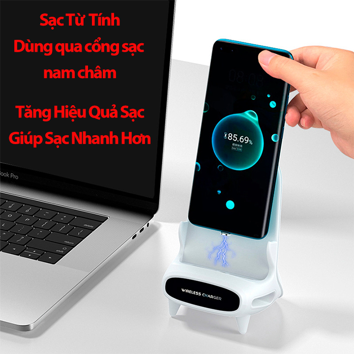 Sạc Không Dây 15W Sạc Từ Tính Dùng Cho Tất Cả Dòng Máy Điện Thoại Kết Hợp Khuếch Đại Âm Thanh 3 Chiều Tặng Kèm 2 Đầu Từ Tính Type C và Micro