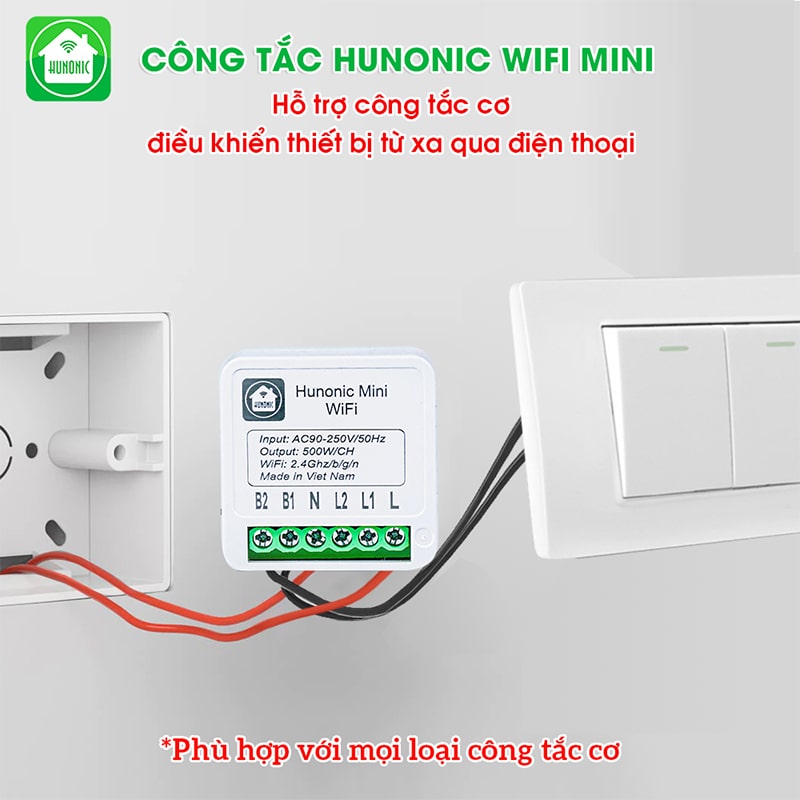 Công tắc Hunonic Mini wifi điều khiển từ xa từ công tắc thường thành công tắc thông minh