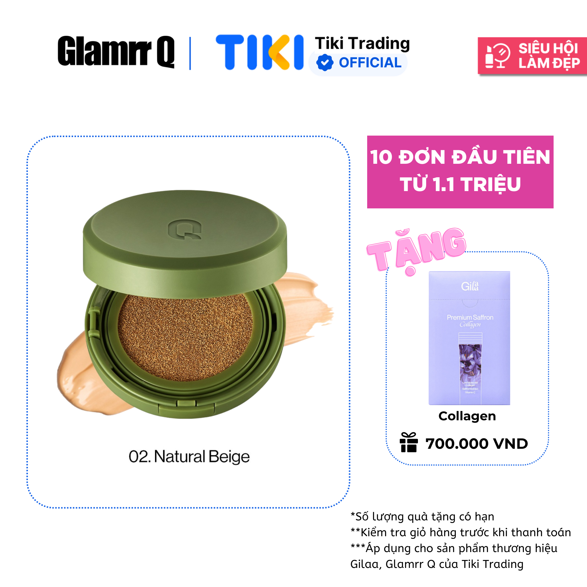 Phấn nước trang điểm che phủ kiềm dầu thuần chay GLAMRR Q VEGAN SUPER COVER CUSHION (1 lõi x 15g) by Gilaa