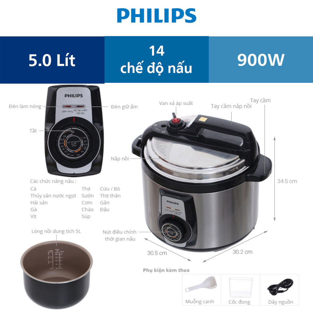 Nồi áp suất điện Philips HD2103/66 dung tích 5L, 14 chức năng nấu, chuẩn Châu Âu - Hàng chính hãng