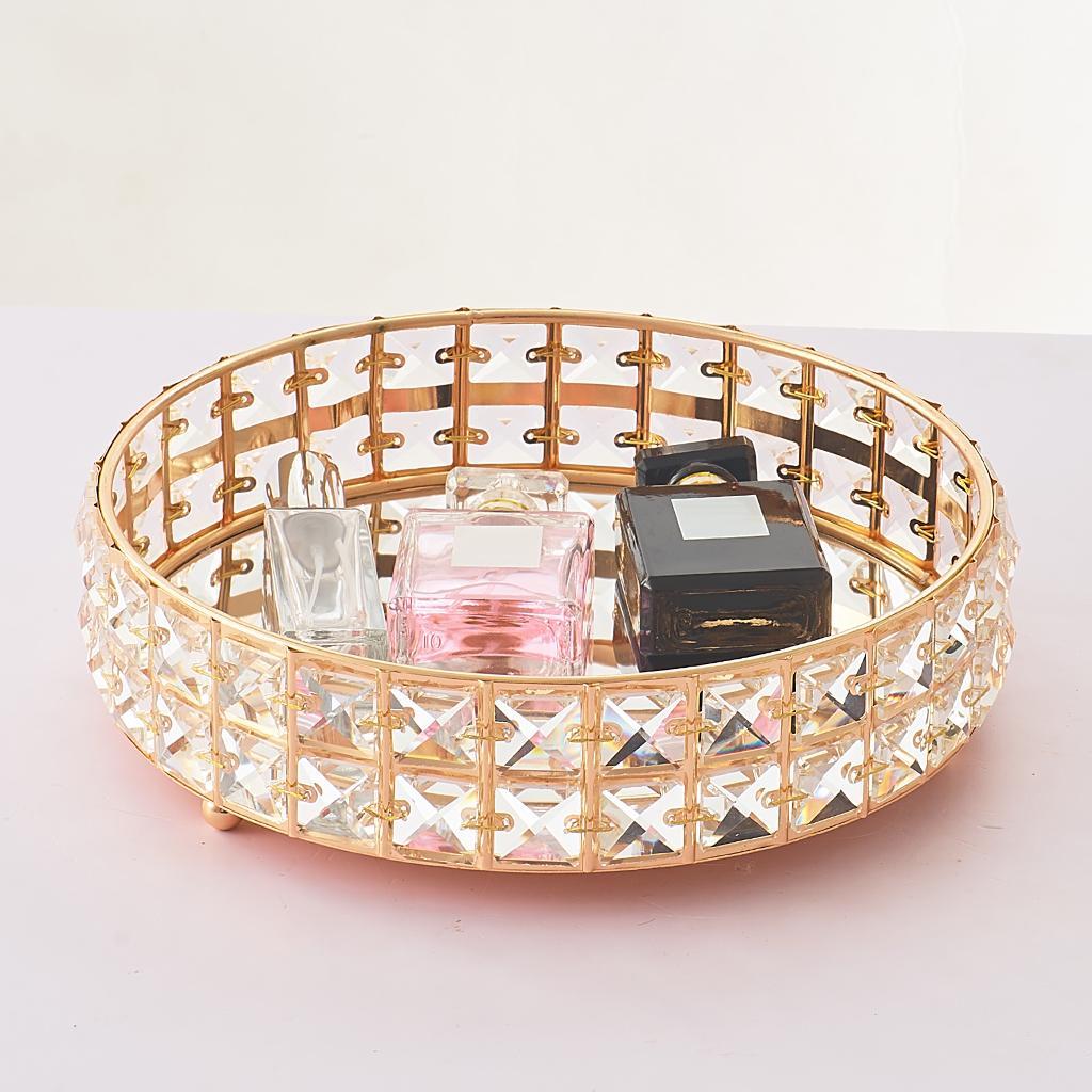 Mirrored Jewelry Tray Holder Dresser Vanity Cosmetic Organizer Plate Golden