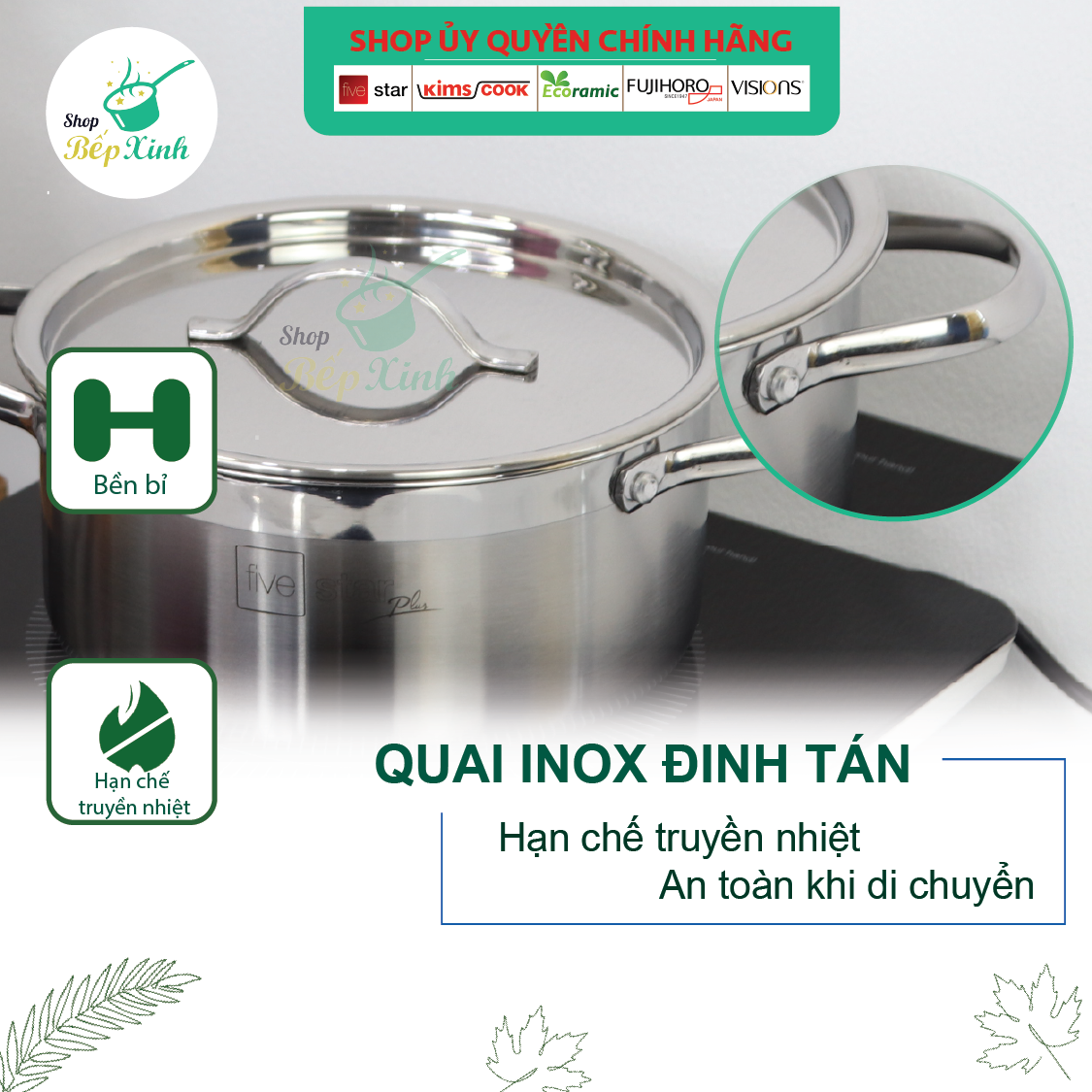 Bộ nồi 3 lớp đáy liền inox 304 bếp từ cao cấp Fivestar Plus nắp inox tặng 1 chảo chống dính vân đá Fivestar 22cm