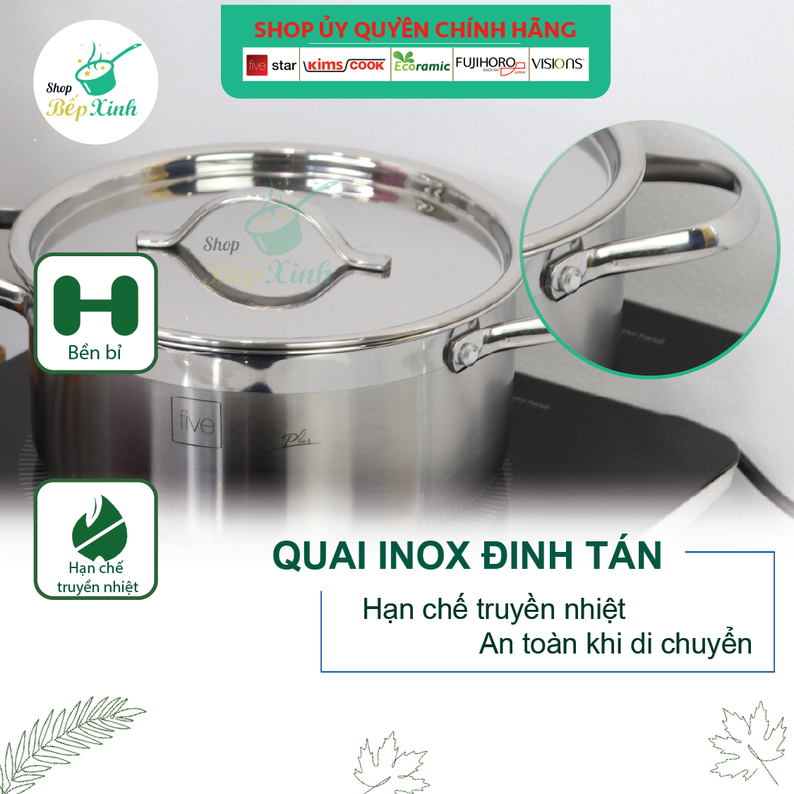 Bộ nồi 3 lớp đáy liền inox 304 bếp từ cao cấp Fivestar Plus nắp inox tặng 1 chảo chống dính vân đá  Fivestar 22cm