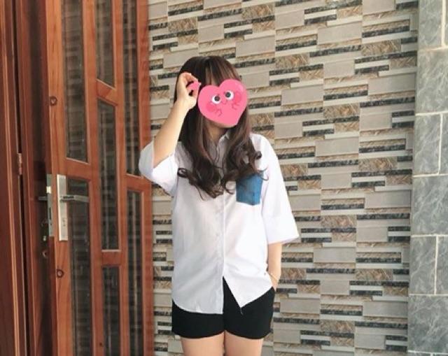 Sơ mi Thủy thủ trắng phối túi jean