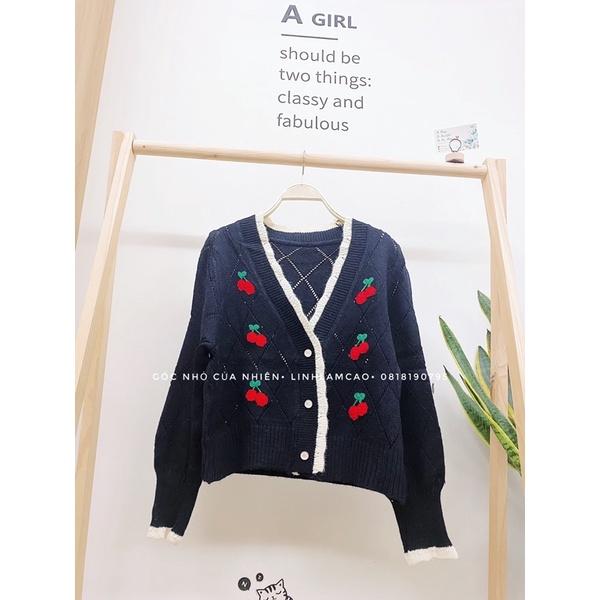 Áo Khoác Cardigan Nữ Dáng Ngắn Len Đan Thêu Cherry (ẢNH THẬT+VIDEO)
