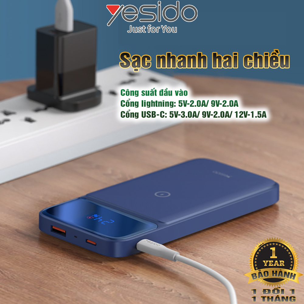 Sạc dự phòng Không dây Từ tính Yesido YP-27 Sạc nhanh hai chiều Dung lượng 10000mAh Hàng chính hãng