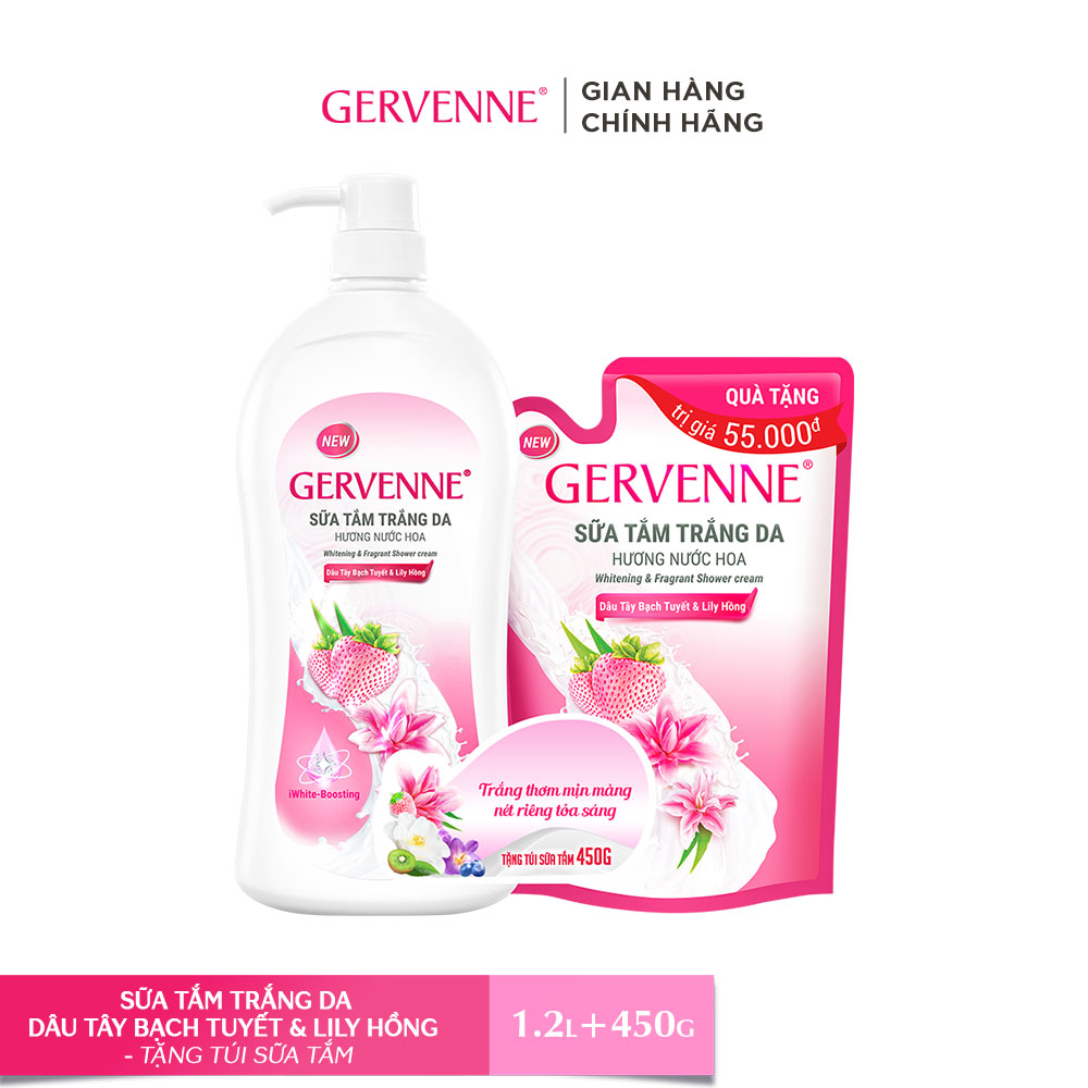 [ Mua 1 Tặng 1] Sữa tắm trắng da Gervenne hương Dâu Tây Bạch Tuyết và Lily Hồng 1.2L + Tặng Túi sữa tắm trắng da 450g