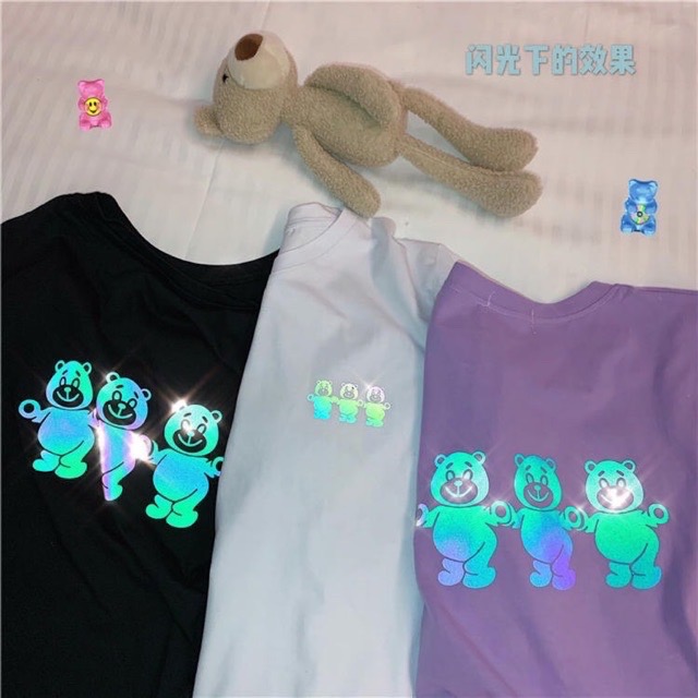 Áo thun phản quang nam nữ tay lỡ form rộng freesize Kita Unisex - 3 CHÚ GẤU - Ảnh màu in 2 mặt