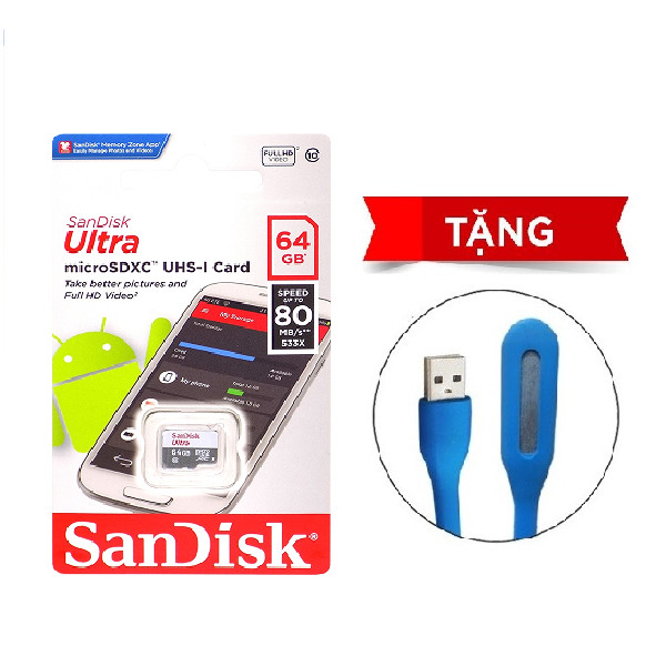 Thẻ Nhớ Micro SDXC SanDisk UHS-1 64GB Class 10 - 80MB/s - Hàng Chính Hãng + Tặng đèn Led