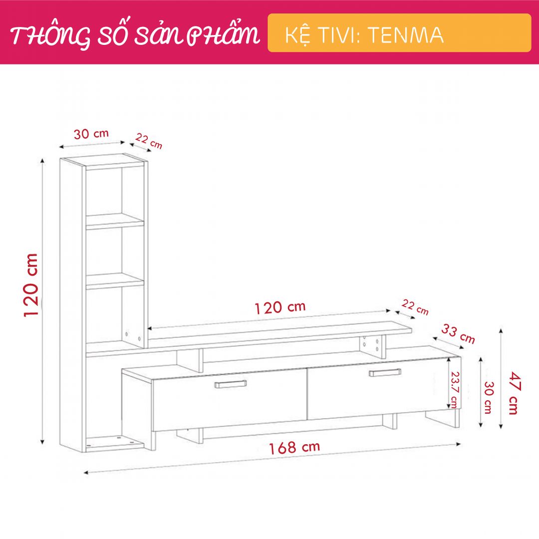 Kệ tivi gỗ hiện đại SMLIFE Tenma | Gỗ MDF dày 17mm chống ẩm | D168xR33xC120cm