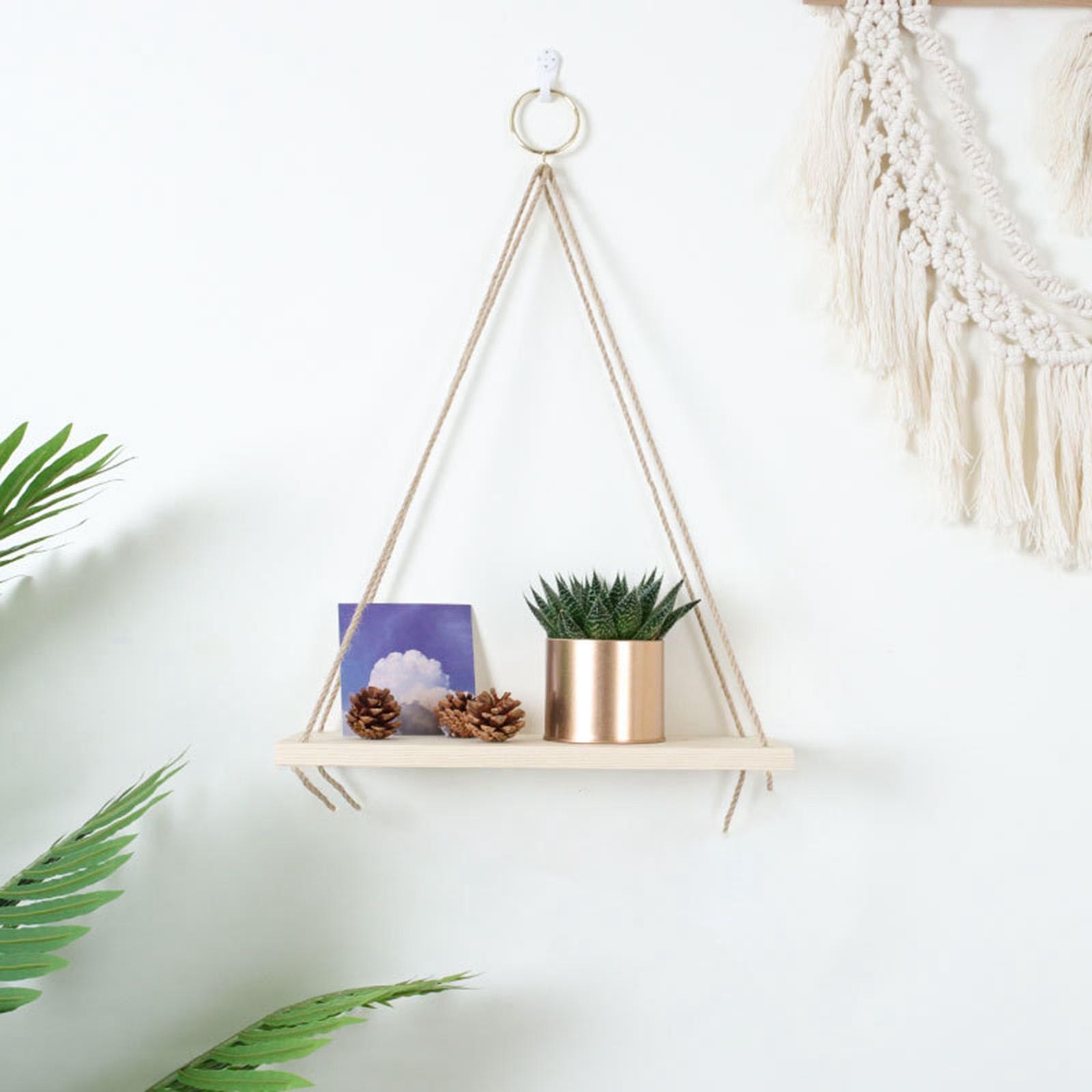 Wood Hanging Wall Floating Shelves Rack Display W / Cord Garden Room - wood S