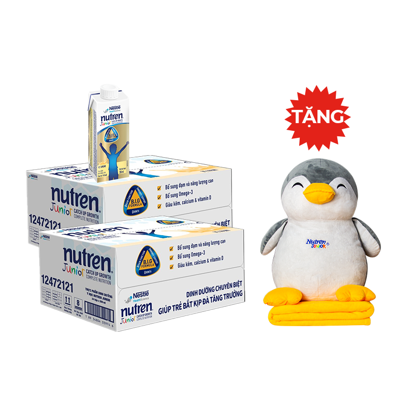 2 Thùng 24 hộp Sữa dinh dưỡng pha sẵn Nutren Junior 200ml – Tặng bộ gối mền chim cánh cụt
